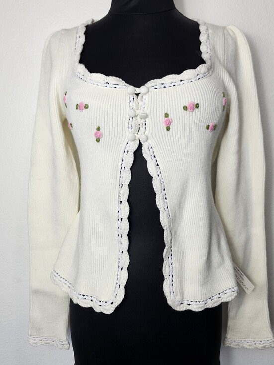 For Love And Lemons Sweaters - For Love & Lemons Cream Knit Cardigan with Pink Rose Embroidery